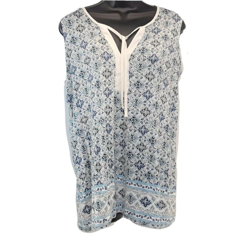 Fleur Bleue Sleeveless Shirt Blouse Womens Medium  Blue Print Pull Over Summer